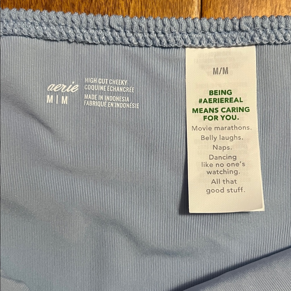 Aerie Light Blue Ribbed Cheeky Bikini Bottoms Bathing Suit Size M Coastal Beachy - Picture 3 of 7